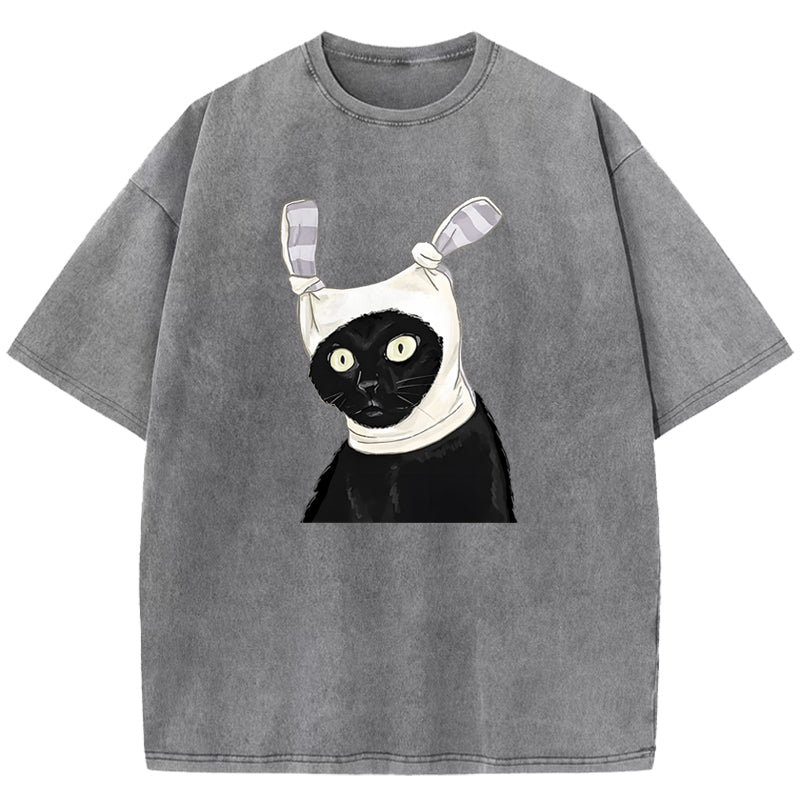 Funny Cat Printed Washed T-Shirt