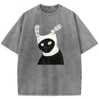 Funny Cat Printed Washed T-Shirt