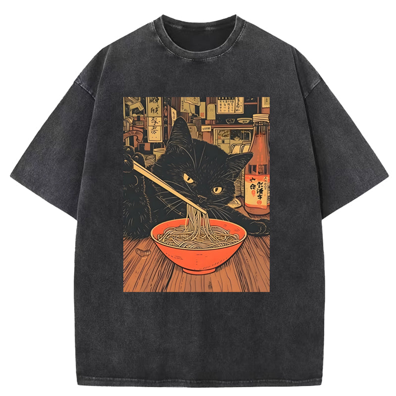 Eating Ramen Cat Washed T-Shirt