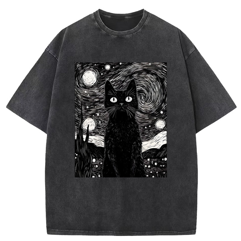 The Starry Night And Cat Washed T-Shirt