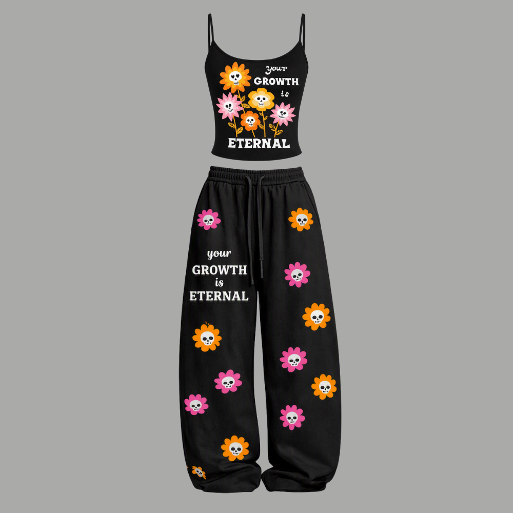Eternal Growth Skull Flower Top & Elasticated Trousers Two-Piece Set