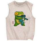 Unisex Japanese Frog Printed Washed Tank Top