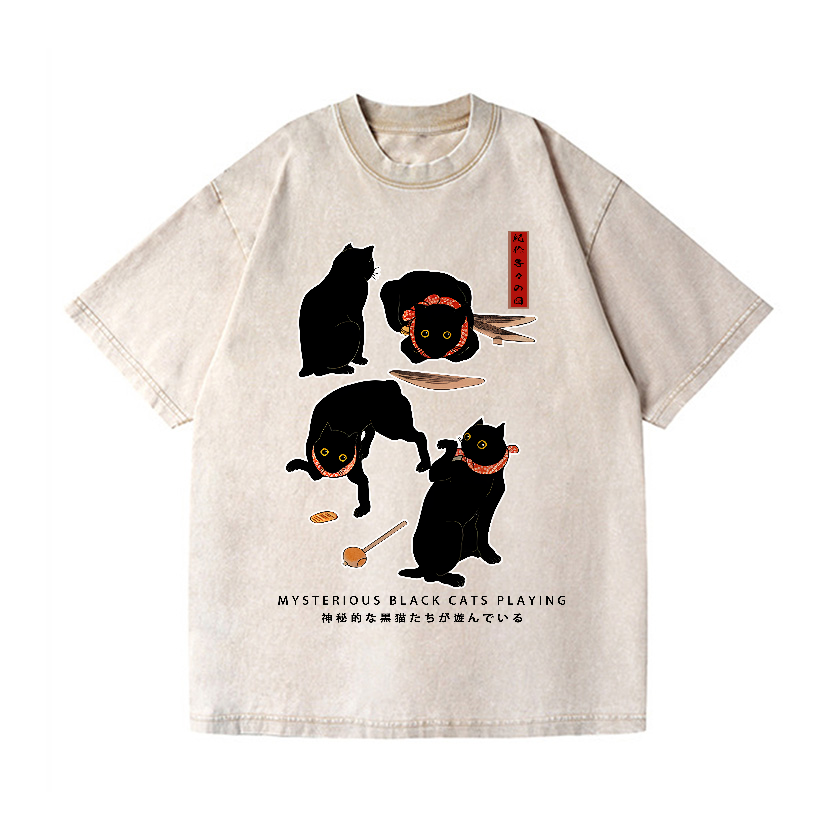 Black Cat Vintage Wash Japanese Design T-Shirt