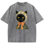 Cat Printed Vintage Washed T-Shirt