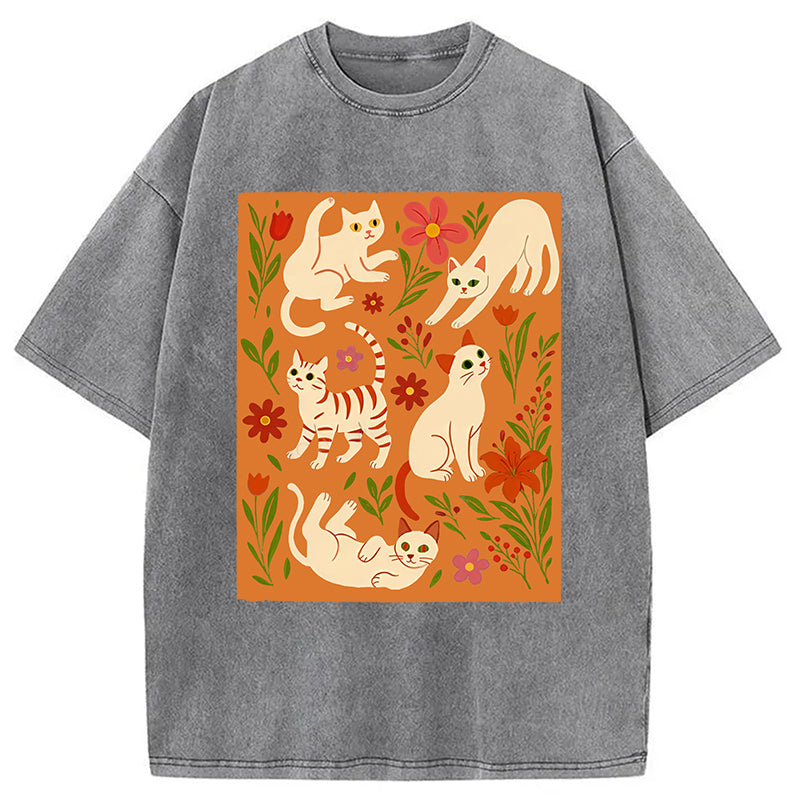 Cats And Flowers Washed T-Shirt