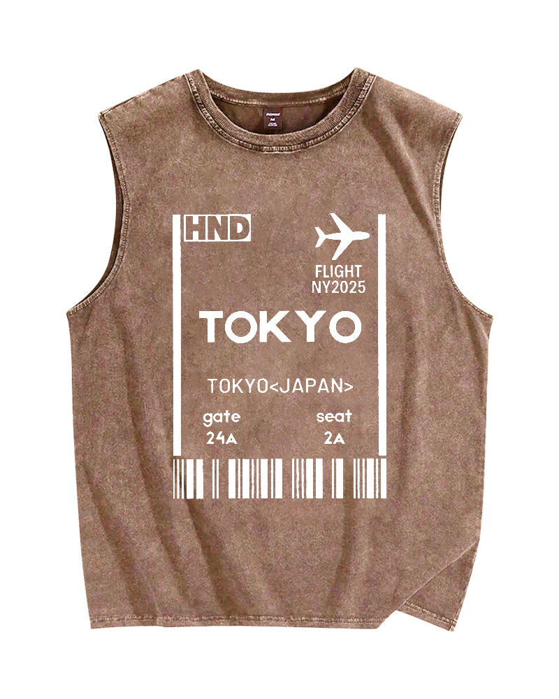 Tokyo Boarding Card Vintage Distressed Washed Tank Top
