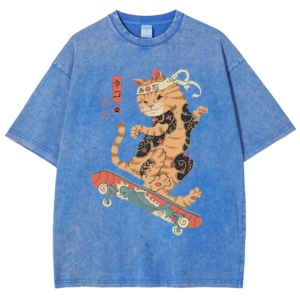 Skate Cat Washed Vintage Short Sleeves T-Shirt