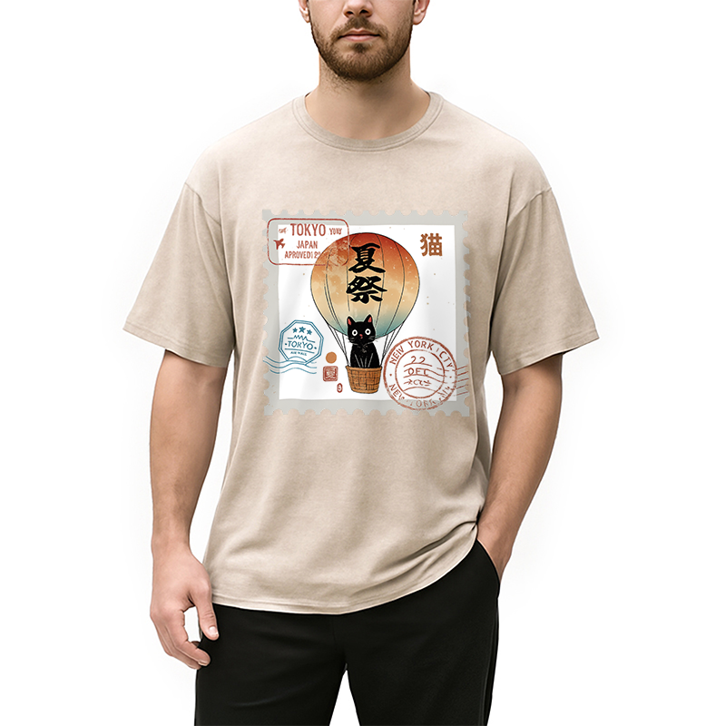 Japanese Cat Stamp Washed T-Shirt