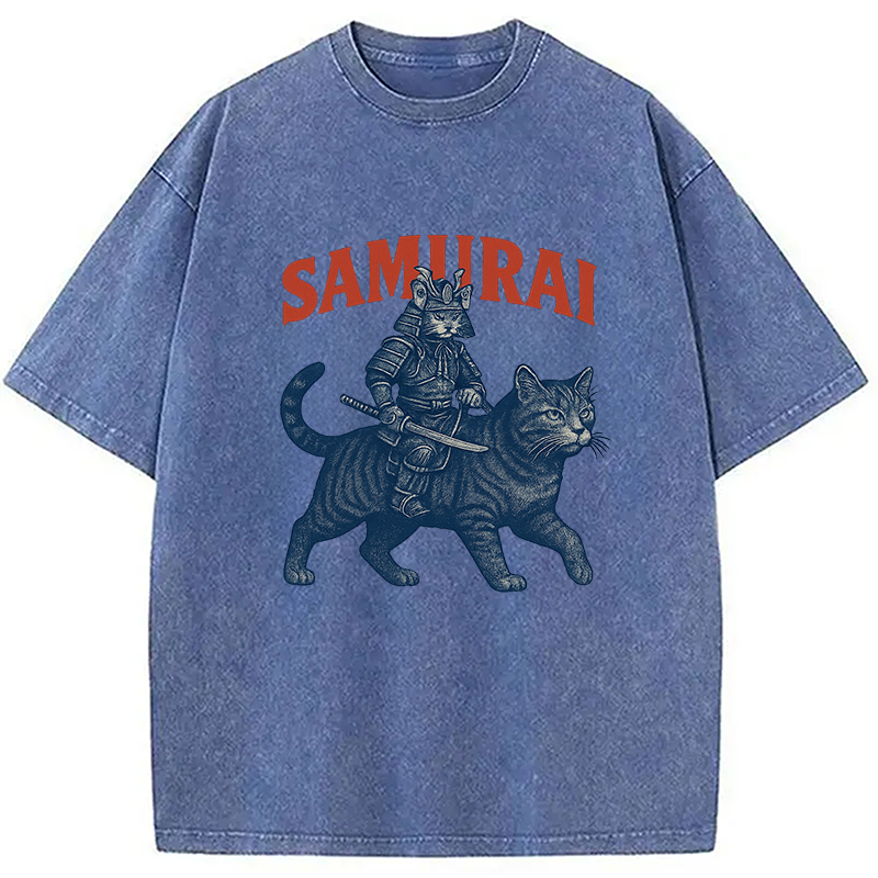 Funny Samurai Cat Washed T-Shirt