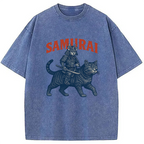 Funny Samurai Cat Washed T-Shirt