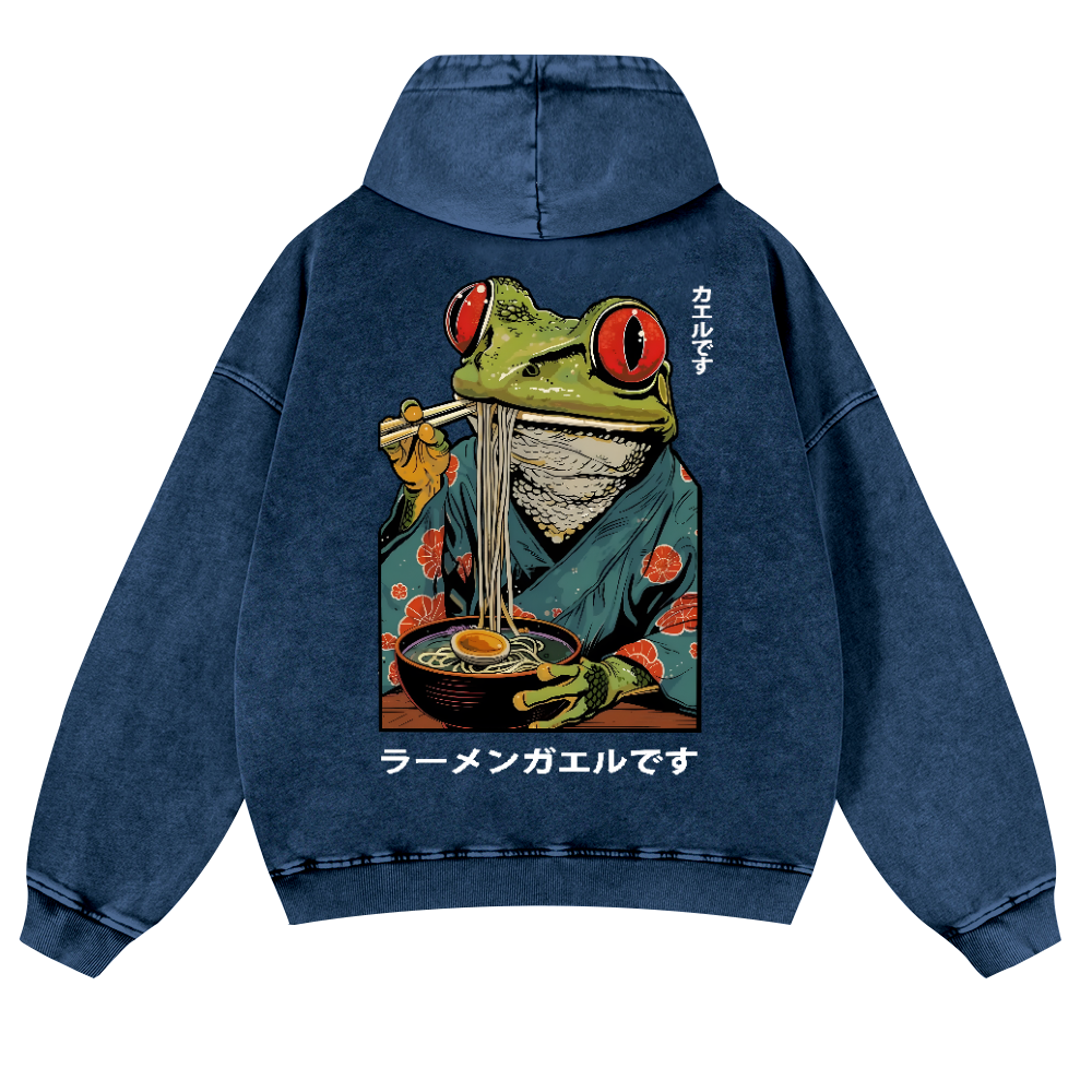 Frog Ramen Vintage Washed Cotton Back Art Hoodie