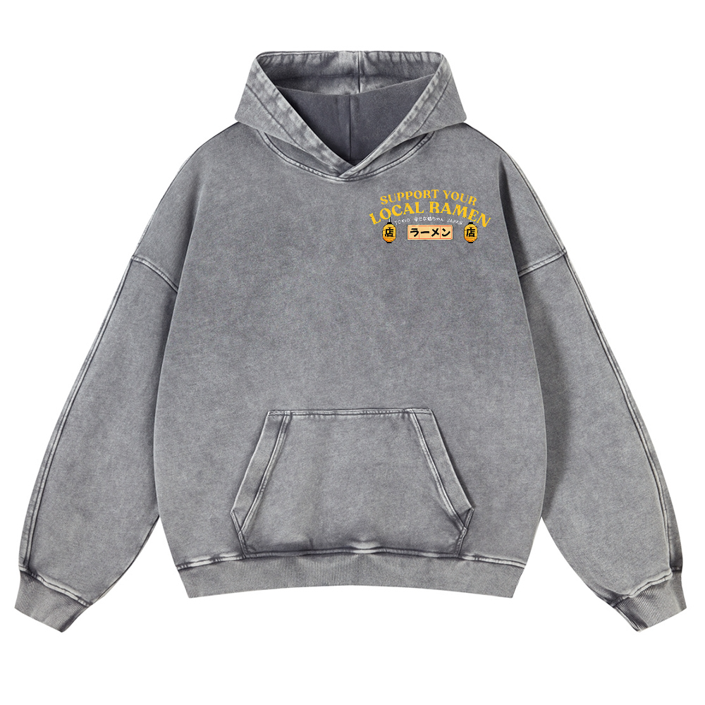 Ramen Lucky Cat Vintage Washed Cotton Back Art Hoodie