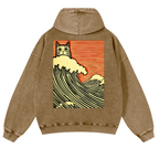 Cat Wave Vintage Washed Cotton Back Art Hoodie