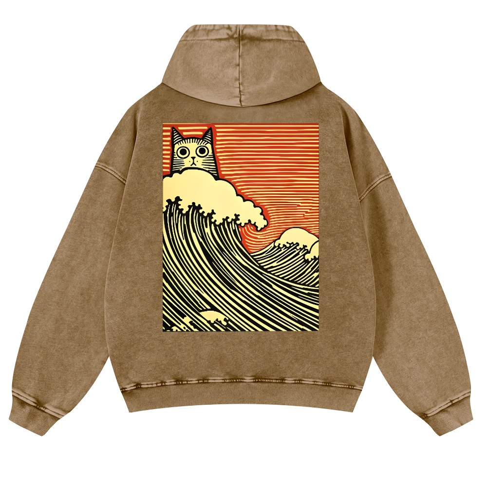 Cat Wave Vintage Washed Cotton Back Art Hoodie