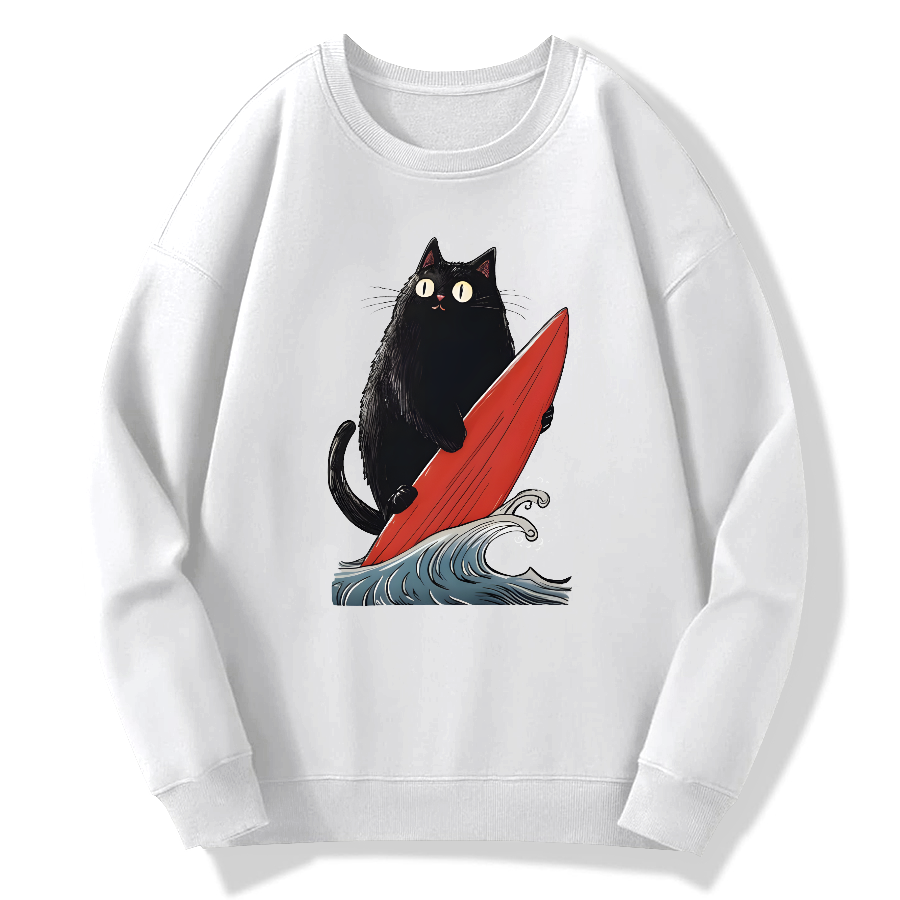 Black Cat Surfer Cotton Pullover Sweatshirt