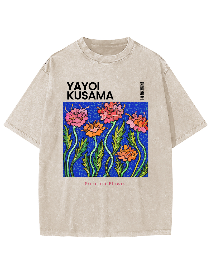 Summer Flower Art Japanese Style Vintage Washed T-shirt
