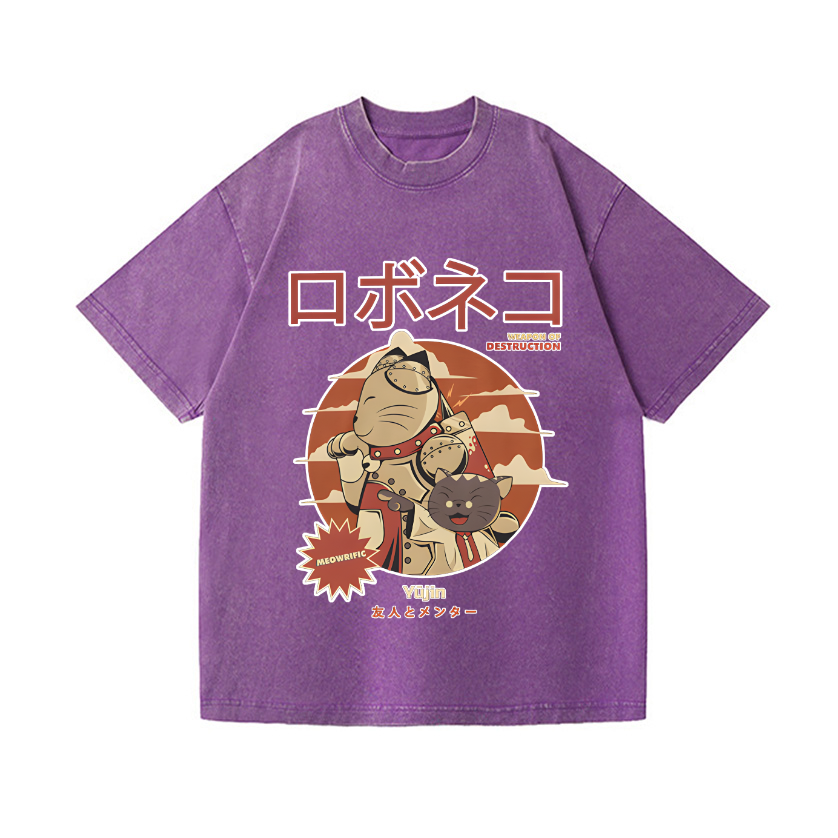 Cat Robot Vintage Wash Japanese Design T-Shirt
