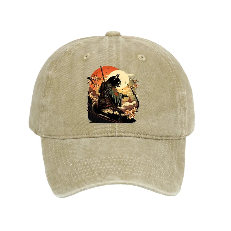 Cat Ninja Ukiyo-e Anime Style Samurai Washed Cap