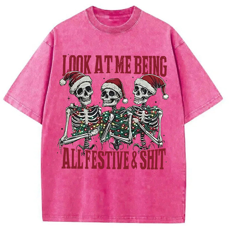 Funny Christmas Skull Washed T-Shirt