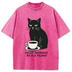 Black Cat Drinking Coffee Washed T-Shirt