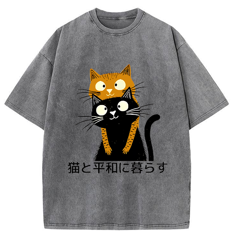 Live Peacefully With Cats Washed T-Shirt