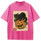 Black Cat And Pumpkin Washed T-Shirt