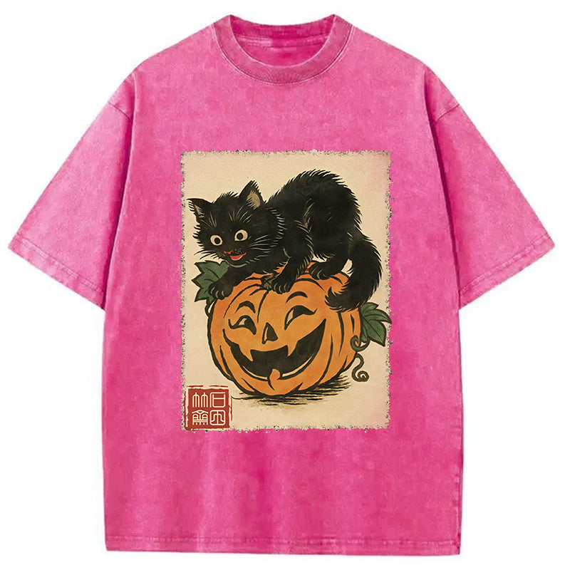 Black Cat And Pumpkin Washed T-Shirt