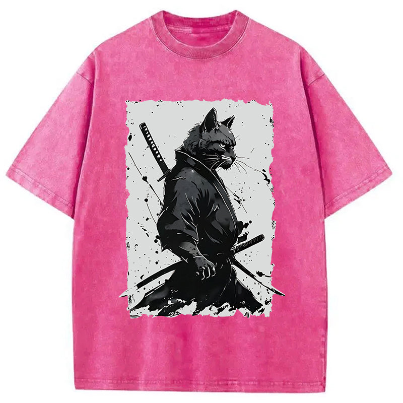 Handsome Samurai Cat Washed T-Shirt