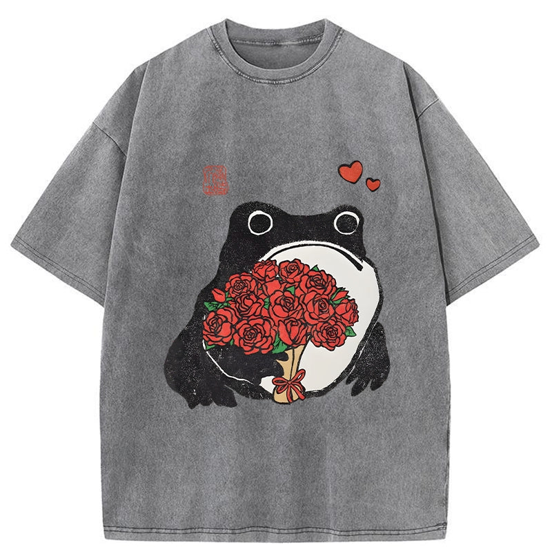 Romantic Frog Holding Roses Washed T-Shirt