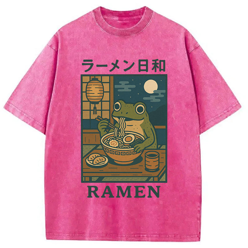 Japanese Frog Eating Ramen Washed T-Shirt