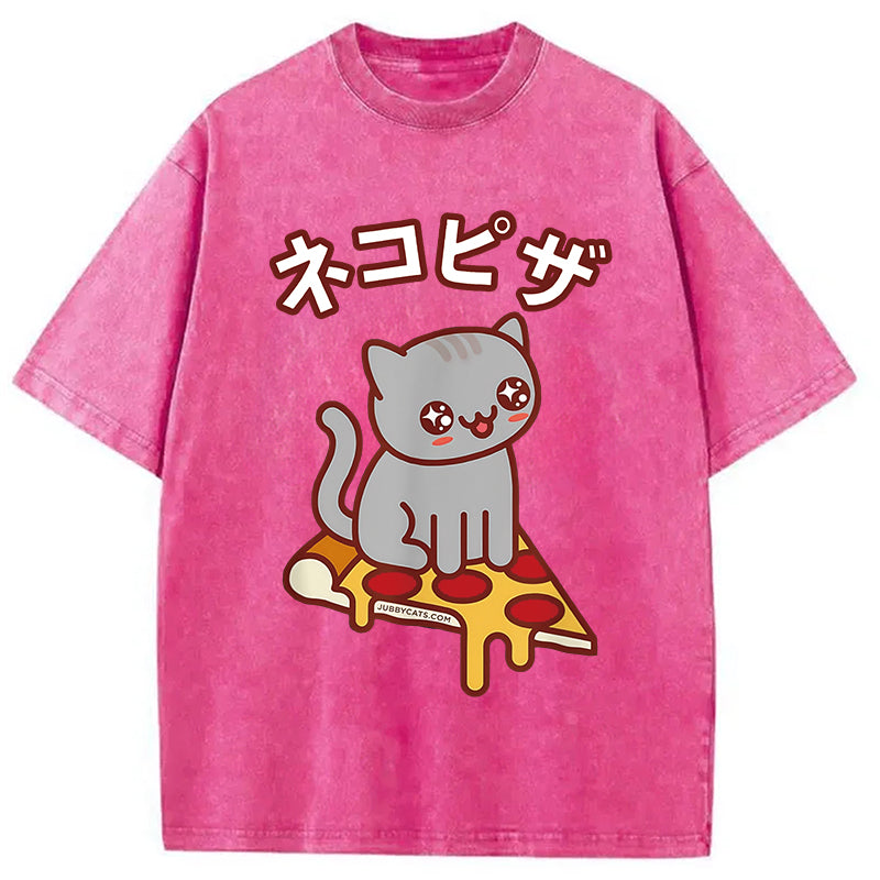 Super Kawaii Japanese Pizza Cat Washed T-Shirt