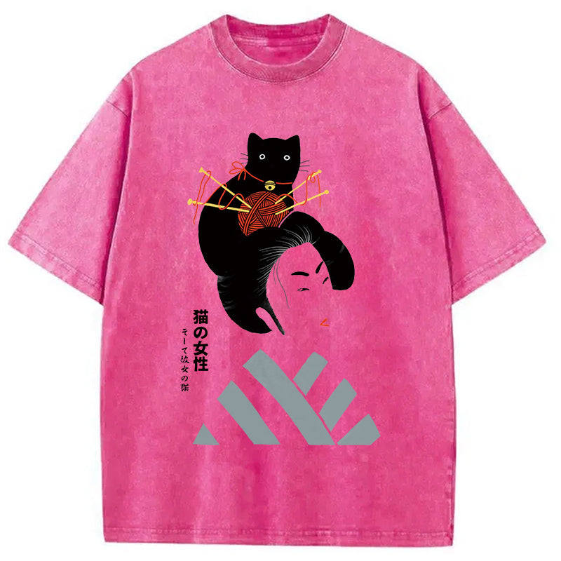 Geisha And Cat Washed T-Shirt