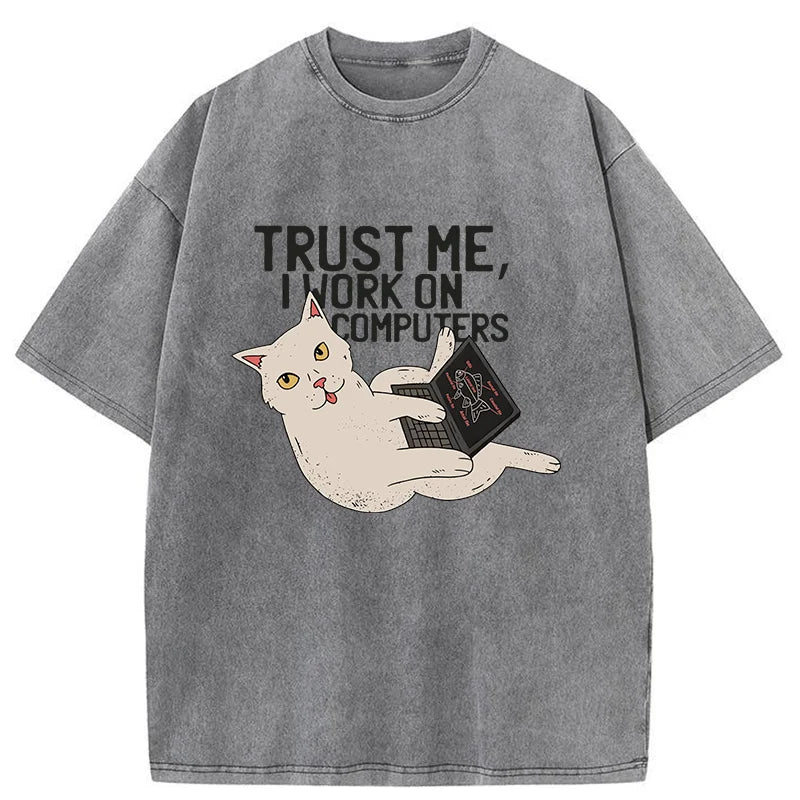 Cat At Work Washed T-Shirt