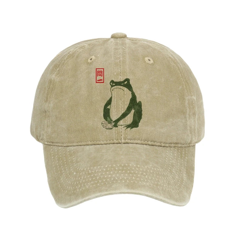 Woodblock Print Frog Washed Cap