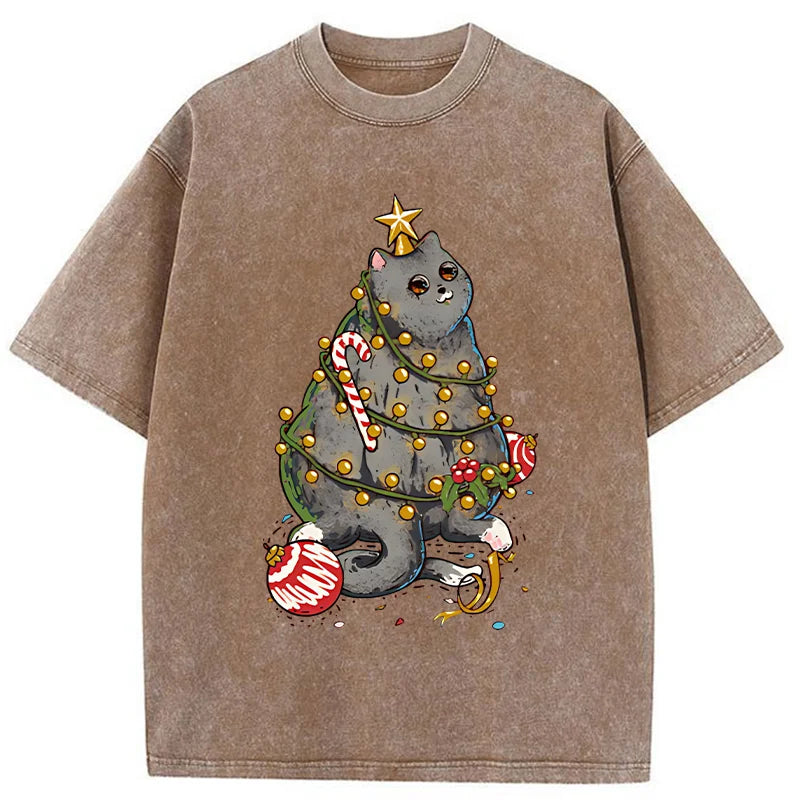 Unisex Christmas Decoration Cat Washed T-Shirt