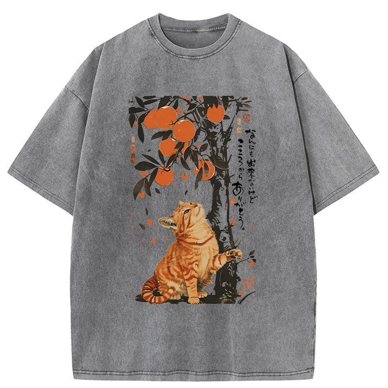 Unisex Orange Cat Wants To Eat Oranges Washed T-Shirt