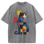Unisex Mondrian Cat Washed T-Shirt