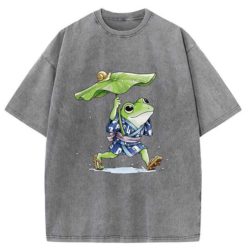 Unisex Frog Seeking Shelter From The Rain Washed T-Shirt