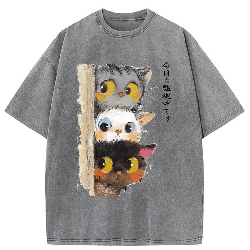 Unisex Three Cats Secretly Monitor Their Owner Washed T-Shirt
