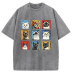 Unisex Pop Art Cat Washed T-Shirt