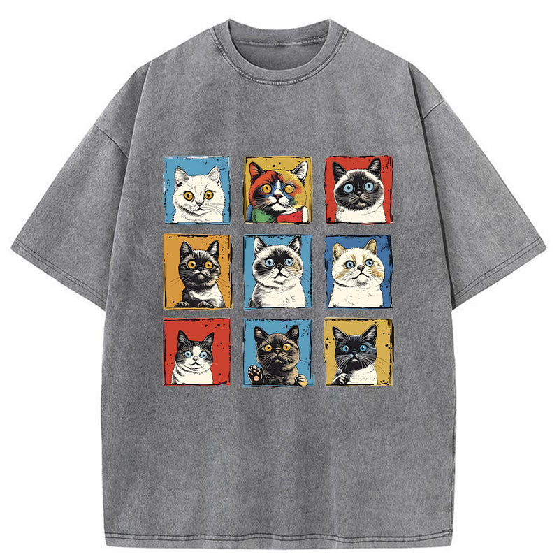 Unisex Pop Art Cat Washed T-Shirt