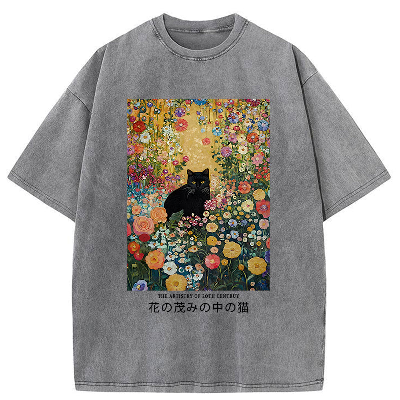Unisex Black Cat In The Flower Bushes Washed T-Shirt