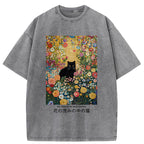 Unisex Black Cat In The Flower Bushes Washed T-Shirt