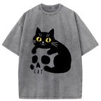 Unisex Cat And Skull Japan Washed T-Shirt