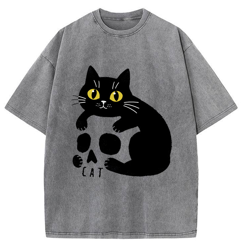 Unisex Cat And Skull Japan Washed T-Shirt