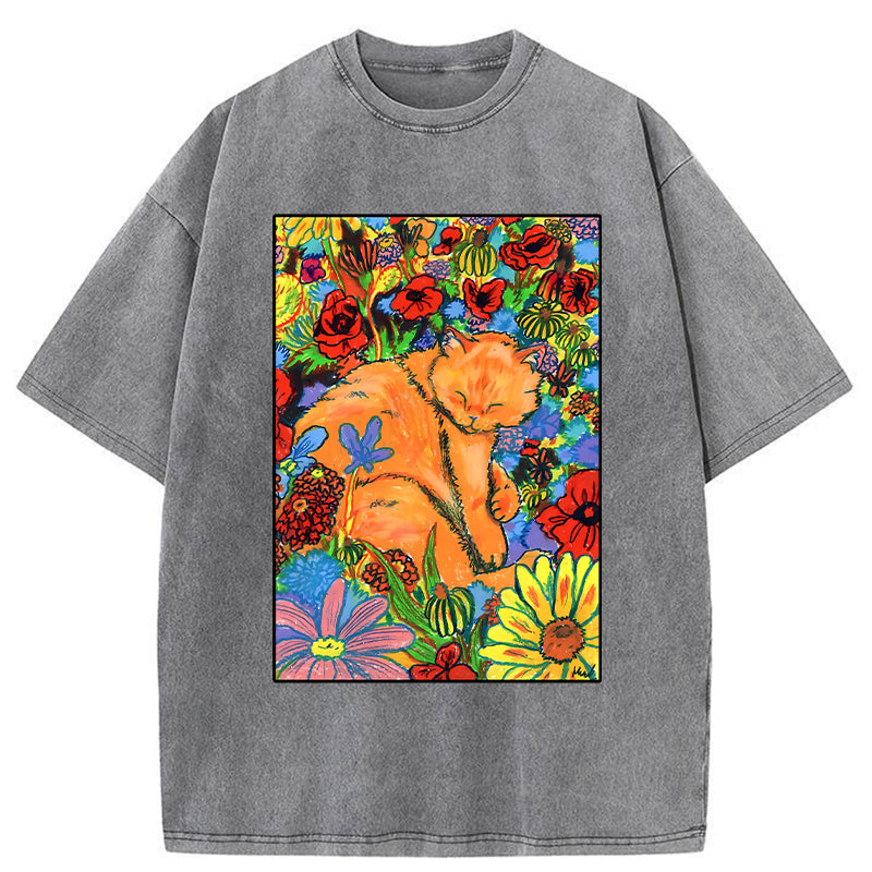 Unisex Colorful Orange Cats And Flowers Washed T-Shirt