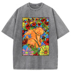 Unisex Colorful Orange Cats And Flowers Washed T-Shirt