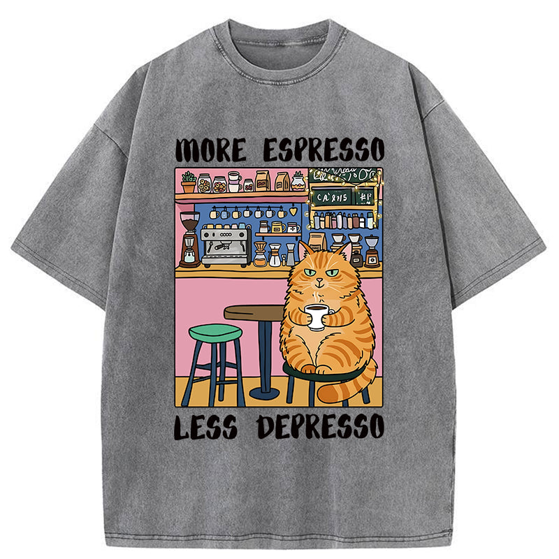 Unisex Orange Cat Drinking Espresso Washed T-Shirt