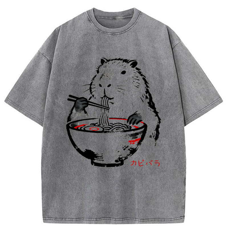 Unisex Capybaras Eat Delicious Ramen Washed T-Shirt