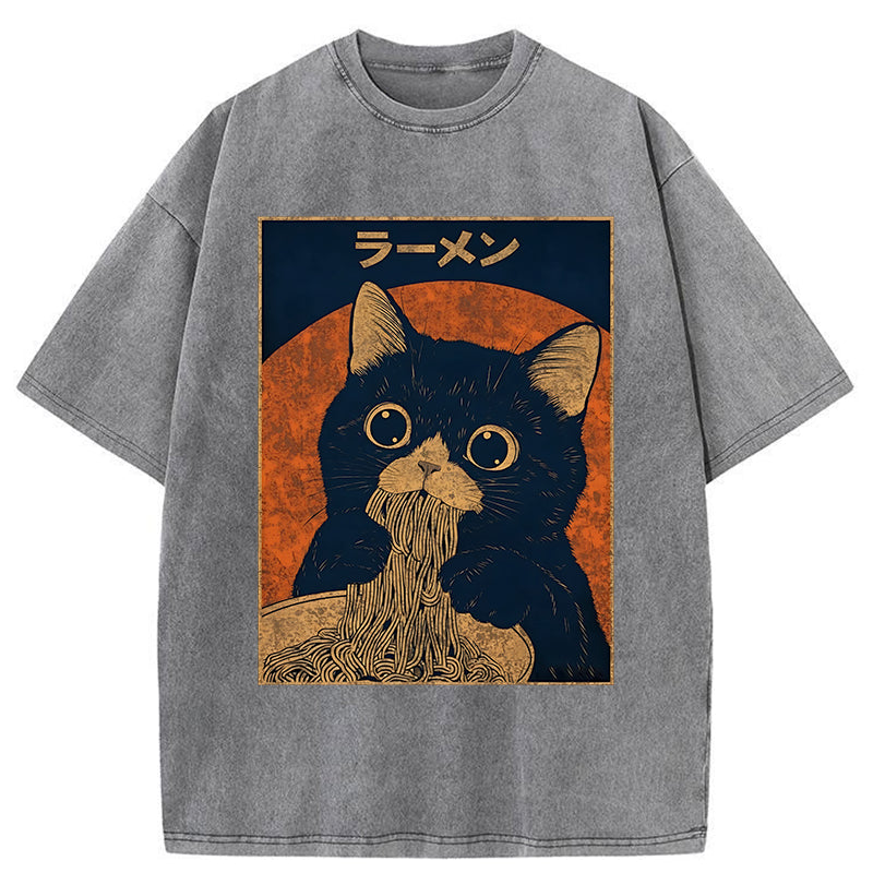 Unisex Retro Black Cat Eats Delicious Ramen Washed T-Shirt